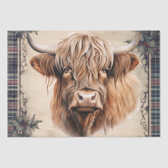 Papel De Seda Highland Cow Tartan Clan Watercolor (Frente )