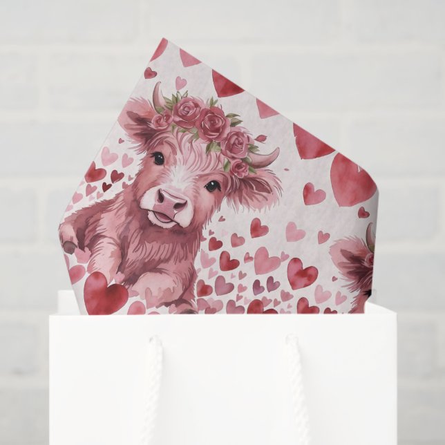 Papel De Seda Highland Cow Valentine Pink Rose Tissue Paper (Sacola de presentes)