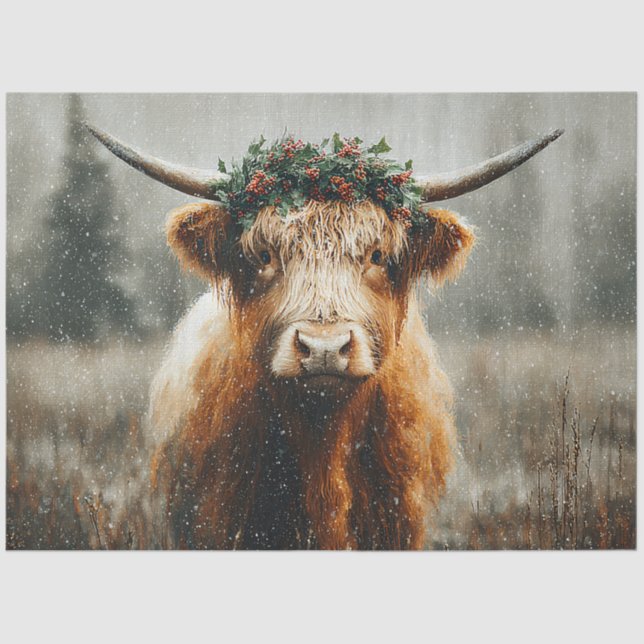 Papel De Seda Highland Cow With Christmas Wreath Crown (Frente )
