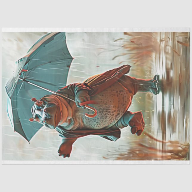 Papel De Seda Hippo Whimsical Dançando em Desnutação da Chuva (Frente )