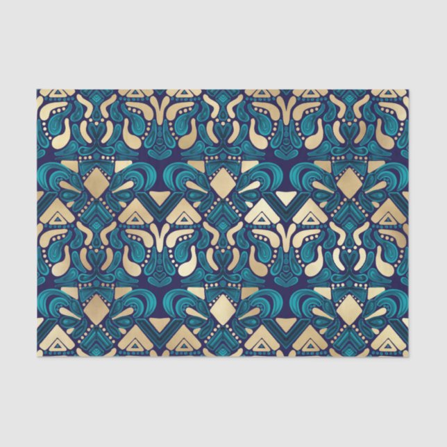 Papel De Seda Hipster Dourado Emerald Blue Tribal Artsy Damask (Frente )