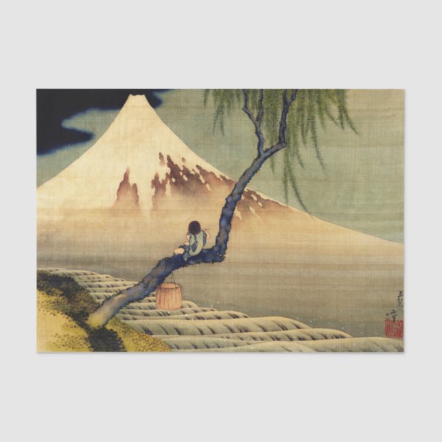 Papel De Seda Hokusai Boy Vivendo o Monte Fuji Japonês (Frente )