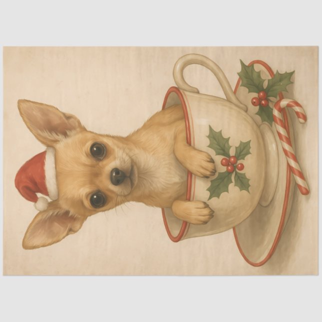 Papel De Seda Holiday Chihuahua in Holly Teacup – Cute Christmas (Frente )