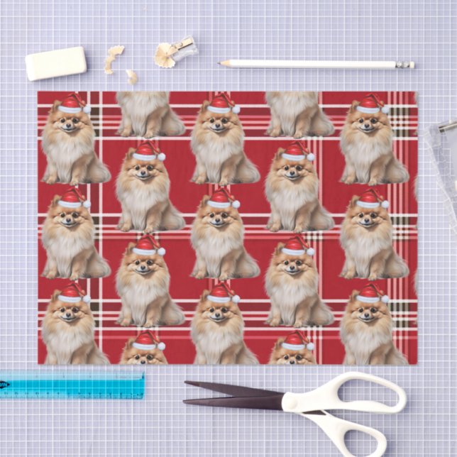 Papel De Seda Holiday Pomeranian Dog Red Plaid Christmas (Arte )