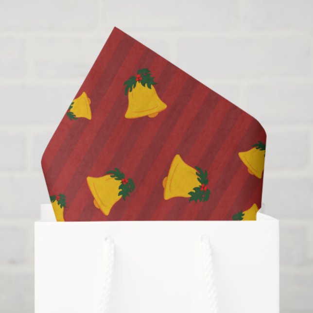 Papel De Seda Holiday Red Gold Stripe Bells Christmas (Sacola de presentes)