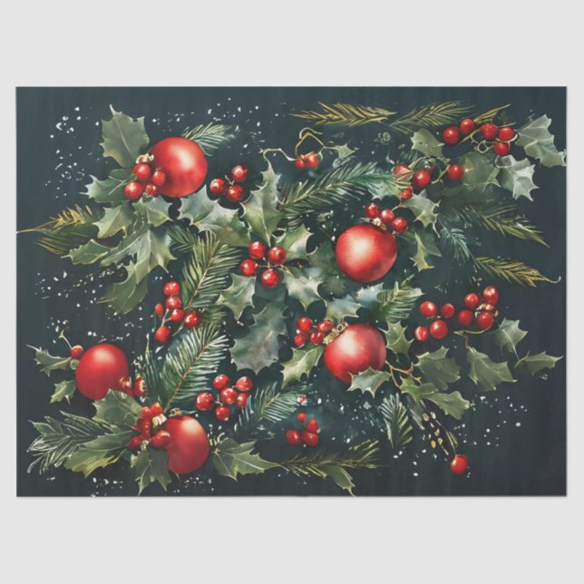 Papel De Seda Holly Berries Ornaments and Pine Decoupage Artesan (Frente )