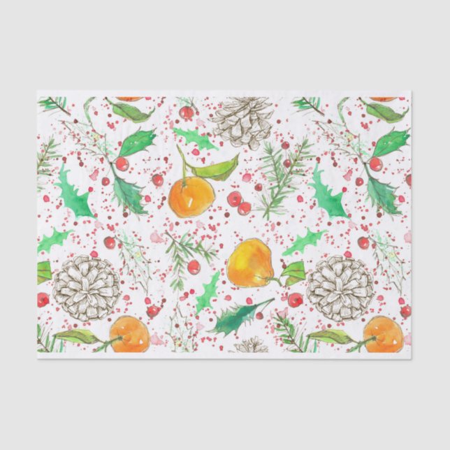 Papel De Seda Holly Berry Cranberry Tangerine Watercolor Fruta (Frente )