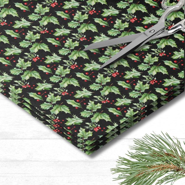 Papel De Seda Holly Christmas (Modern Festive Black Holly Berries Christmas Tissue Paper)