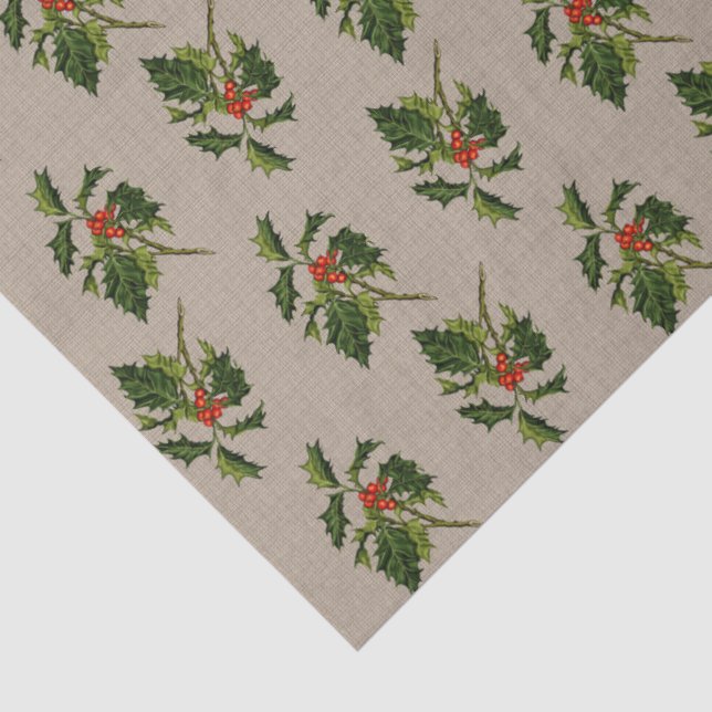 Papel De Seda Holly com Berries Vermelhos em Fundo Natural (Detalhes)