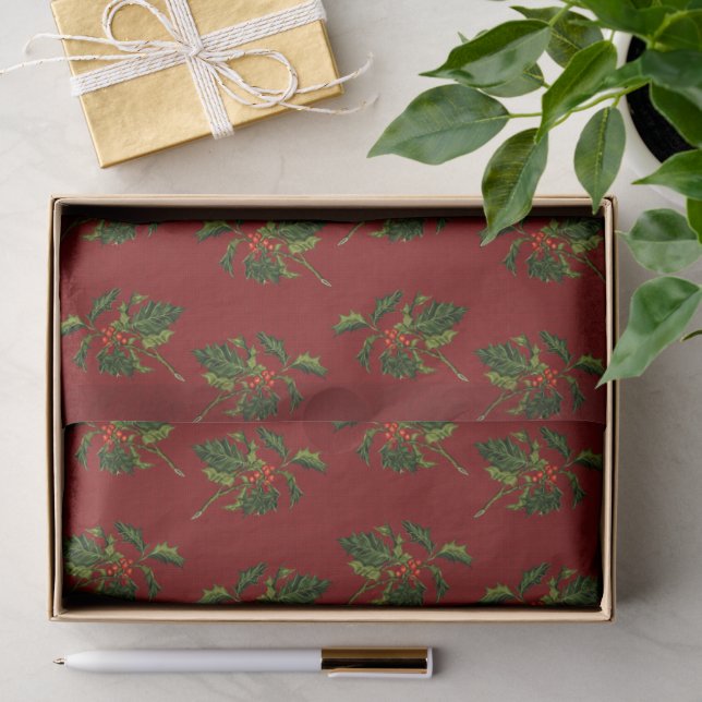 Papel De Seda Holly com Berries Vermelhos em Fundo Texturizado (Presente)
