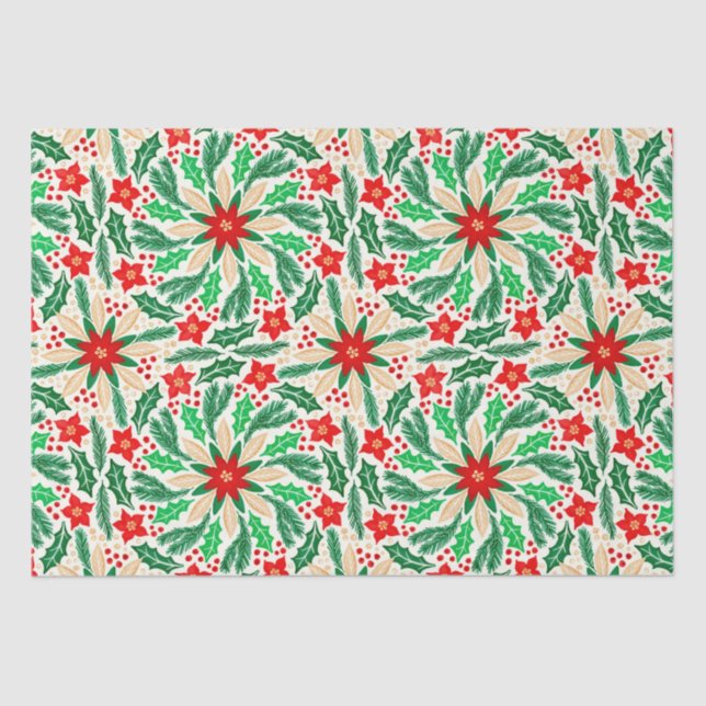Papel De Seda Holly e Poinsettia Padrão de Férias Botânicas (Frente )