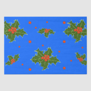 Papel De Seda Holly (Ilex) Motif de Natal em Fundo Azul