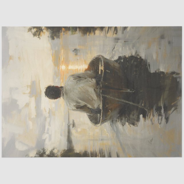 Papel De Seda Homem num Barco na Despintura de Pintura do Sol (Frente )