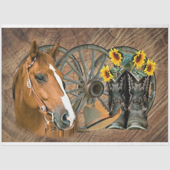 Papel De Seda Horse Cowboy Boots Vagão Girassol Roda Sunflower W (Frente )