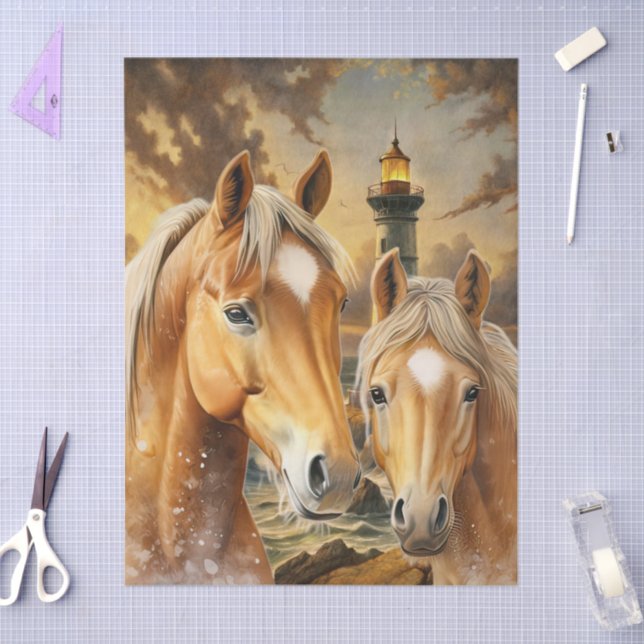 Papel De Seda Horses Lighthouse & Ocean Scene (Arte )