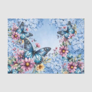 Papel De Seda Hortênsia Azul Aquarela & Borboletas