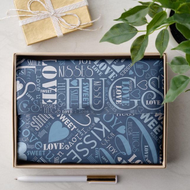 Papel De Seda Hugs e Kisses Word Cloud Blue ID286 (Presente)