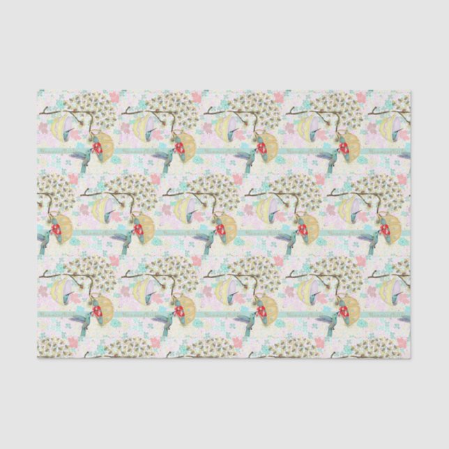 Papel De Seda Hummingbird Teacups Primavera Floral Garden (Frente )