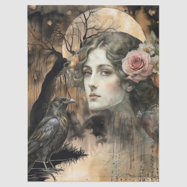 Papel De Seda Huning Fantasy Gothic Raven & Girl Art Collage (Frente )