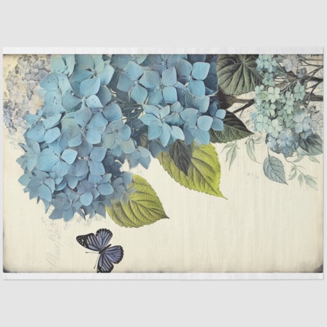 Papel De Seda Hydrangea azul e efemia da borboleta azul (Frente )