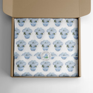 Papel De Seda Hydrangeas Azuis no Pote Chinoiserie