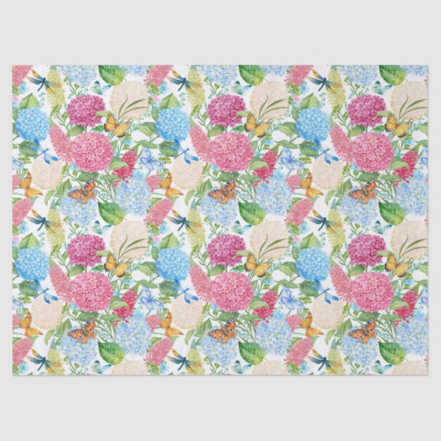 Papel De Seda Hydrangeas e borboletas Dragonfly Triturada Casame (Frente )