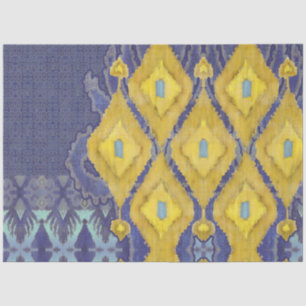 Papel De Seda IKAT Usbequistão Padrão Amarelo Azul Tribal Antiqu