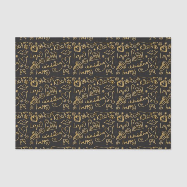 Papel De Seda Illustrated Gold and Black Wedding Doodles (Frente )