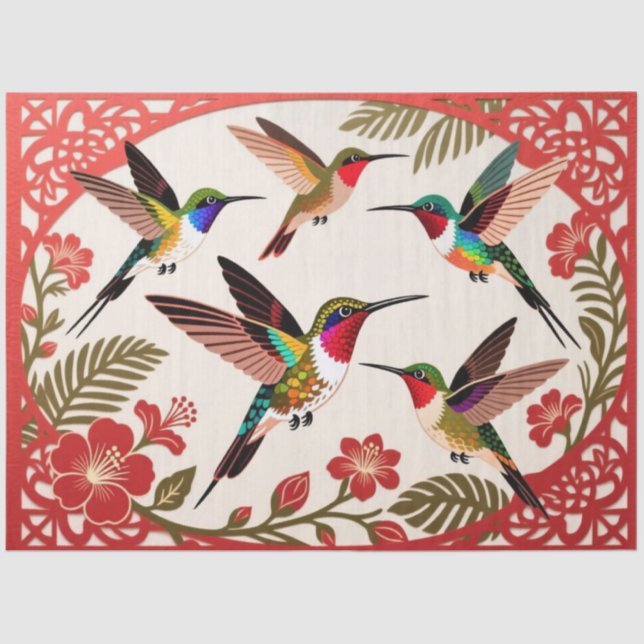 Papel De Seda Ilustração Artística de Beija-Flores em Voo (Frente )