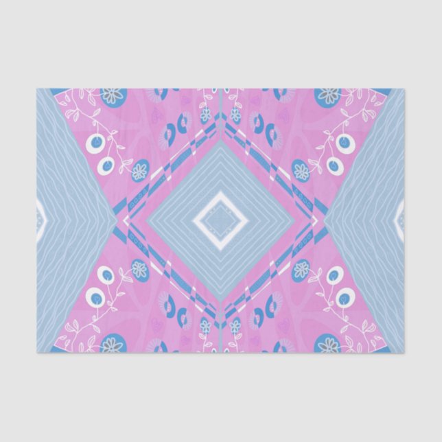 Papel De Seda Ilustração Bohemiana Chintz Azul Cor-de-Rosa (Frente )