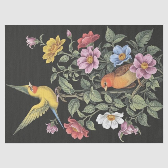 Papel De Seda Ilustração de Flores e Pássaros (Frente )