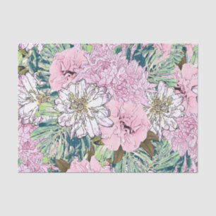 Papel De Seda Ilustração Floral Branco e Rosa Brilhante