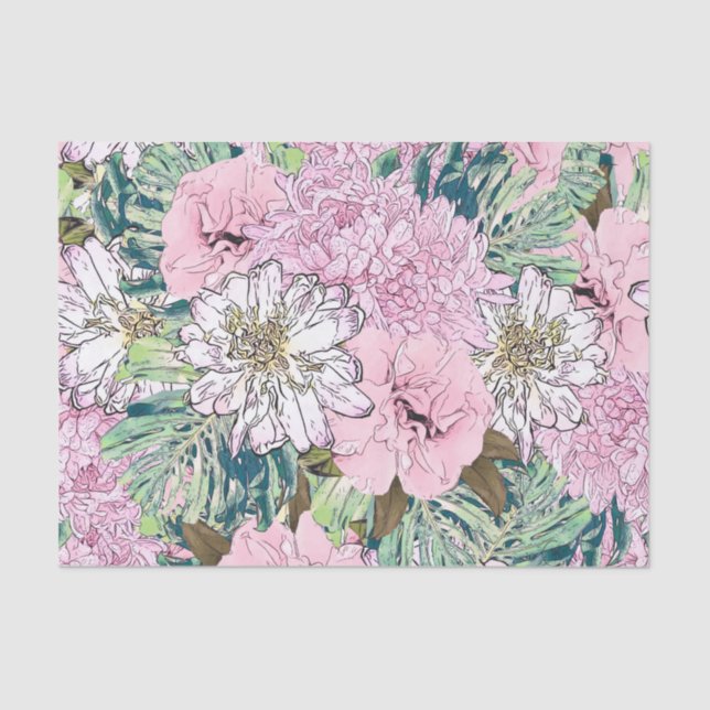 Papel De Seda Ilustração Floral Branco e Rosa Brilhante (Frente )