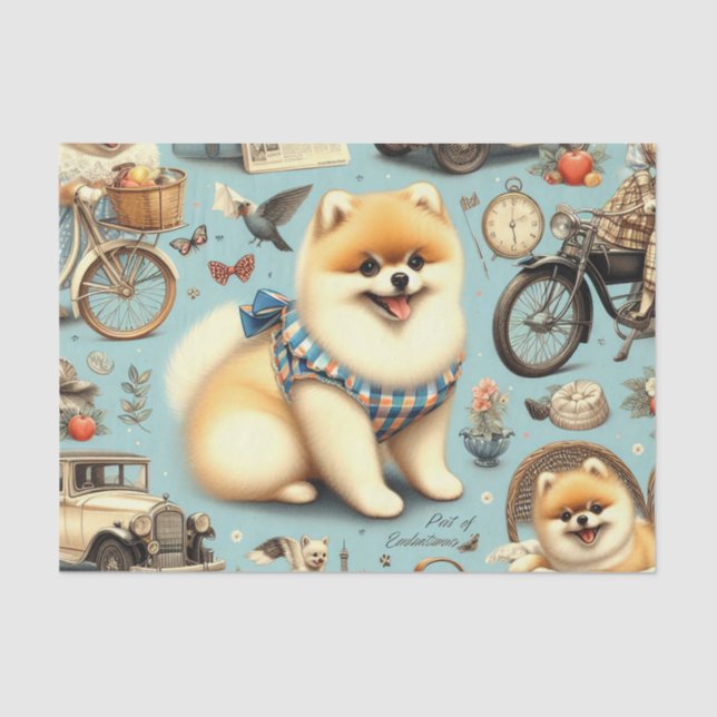 Papel De Seda Ilustração Vintage Pomeranian Sem Costura (Frente )