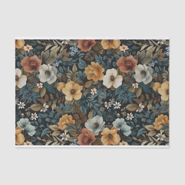 Papel De Seda Ilustrações Florais Folheadas em Fundo Escuro (Frente )