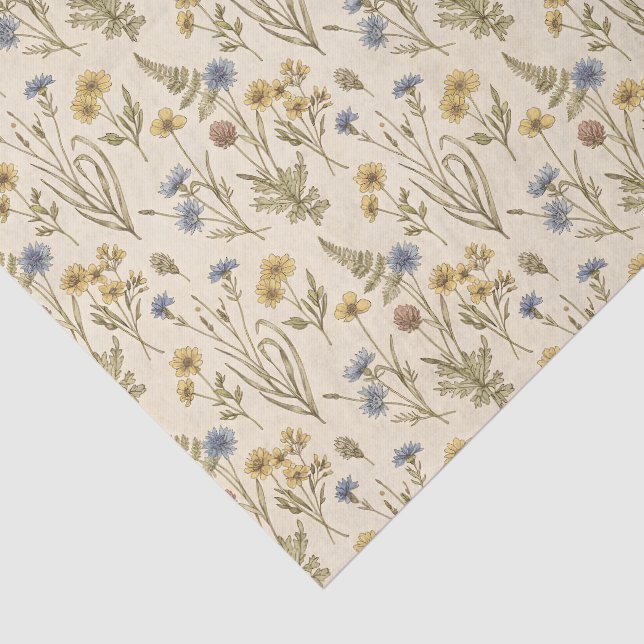 Papel De Seda Impressão Botânica Meadowcore Flores Azuis Amarela (Detalhes)