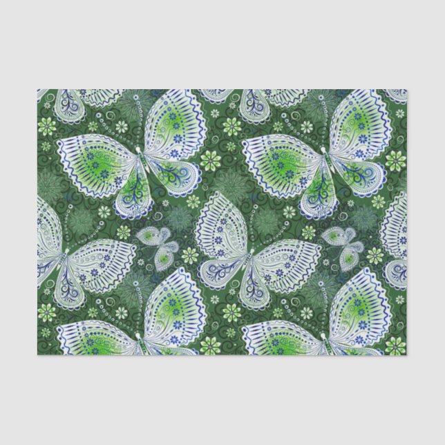 Papel De Seda Impressão Verde de Borboleta de Paisley (Frente )