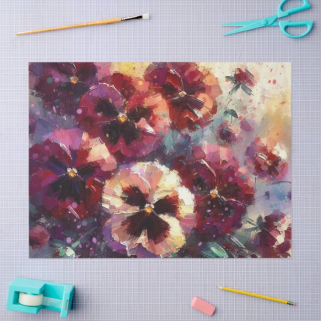 Papel De Seda Impressionista Pansies Floral de Maroon (Arte )