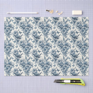 Papel De Seda Inspirado no Vintage Azul e Branco Floral Toile