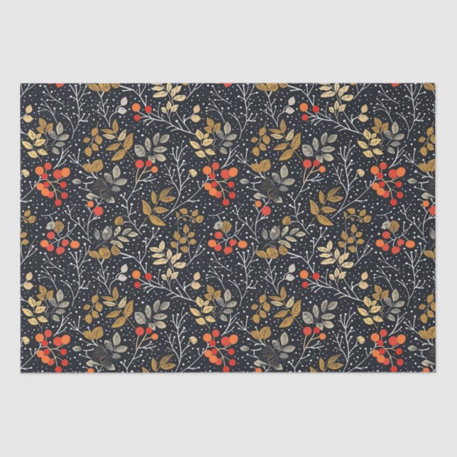 Papel De Seda Intrair Folha e Berry Padrão a Preto (Frente )