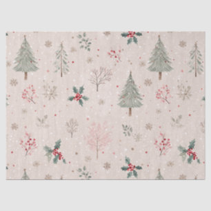Papel De Seda Inverno Rosa - Folhas de Azevinho, Pinheiro, Floco