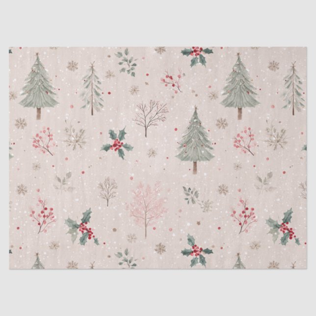 Papel De Seda Inverno Rosa - Folhas de Azevinho, Pinheiro, Floco (Frente )