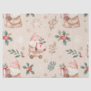 Papel De Seda Inverno Rosa - Papai Noel, Flocos de Neve, Azevinh
