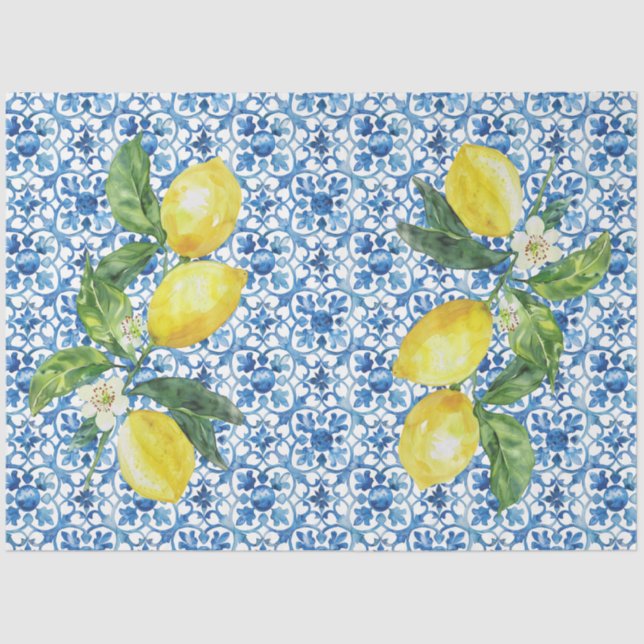Papel De Seda Italian Lemons Blue White Tile Decoupage  (Frente )