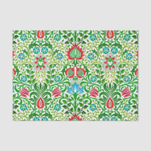 Papel De Seda Jacobean Floral Damask, Green and Coral Red