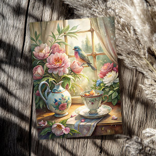 Papel De Seda Janela Elegante de verão com peônias rosa-pássaros