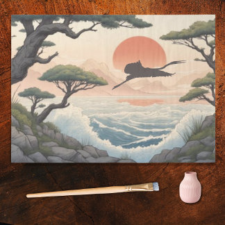 Papel De Seda Japanese Rocky Coast Sunset Landscape and Egret