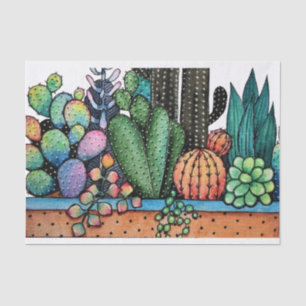 Papel De Seda Jardim bonito do cacto da aguarela no pote
