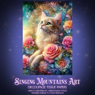 Papel De Seda Jardim de Rosas Místicas Decoupage de Gato