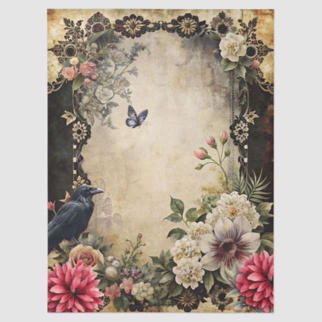Papel De Seda Jardim Floral Único Elegante Vitoriano Raven Gótic (Frente )